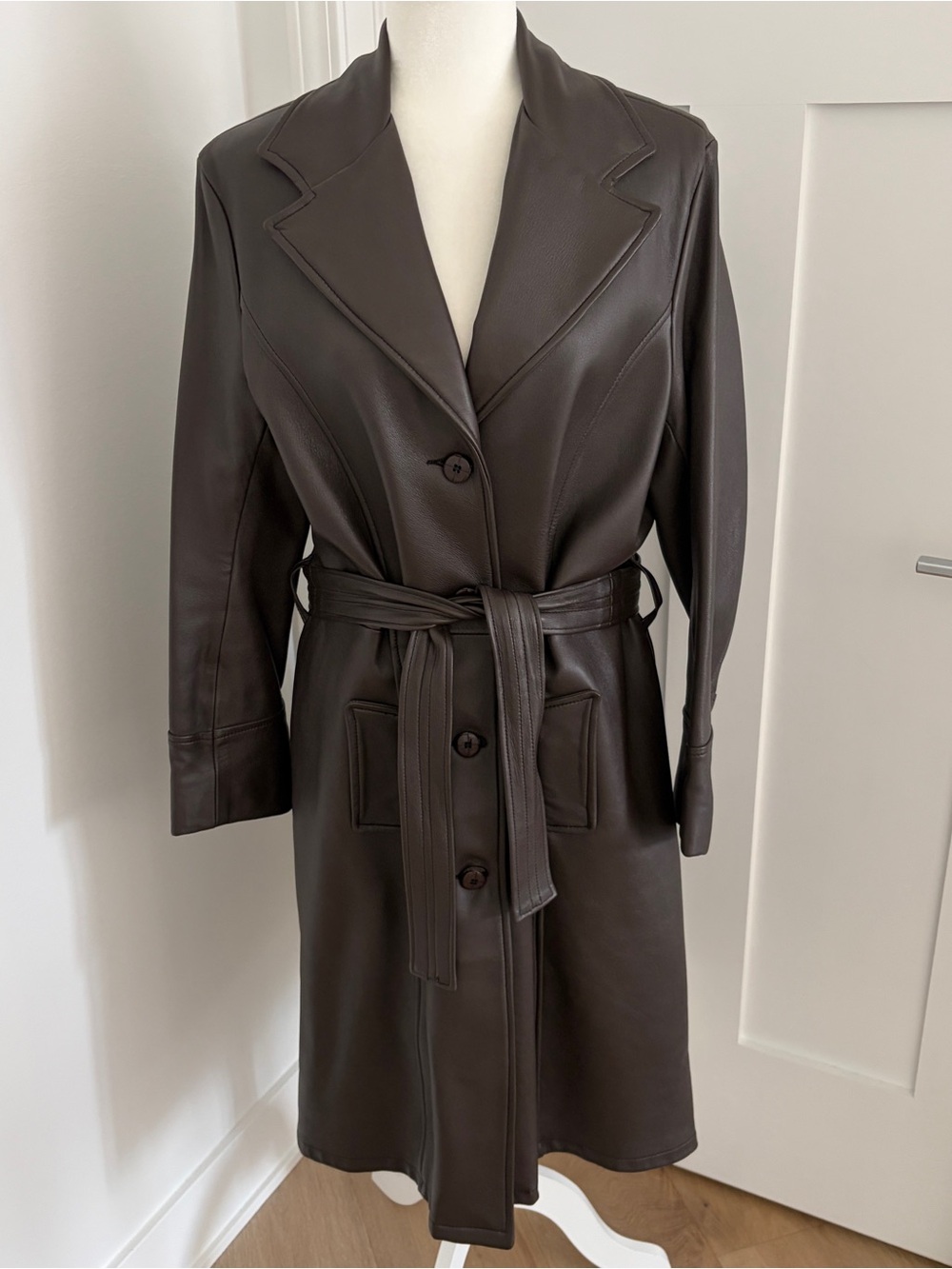 Vintage Deer Wear Genuine Deerskin Leather Trench Coat Womens L Brown Belted USA